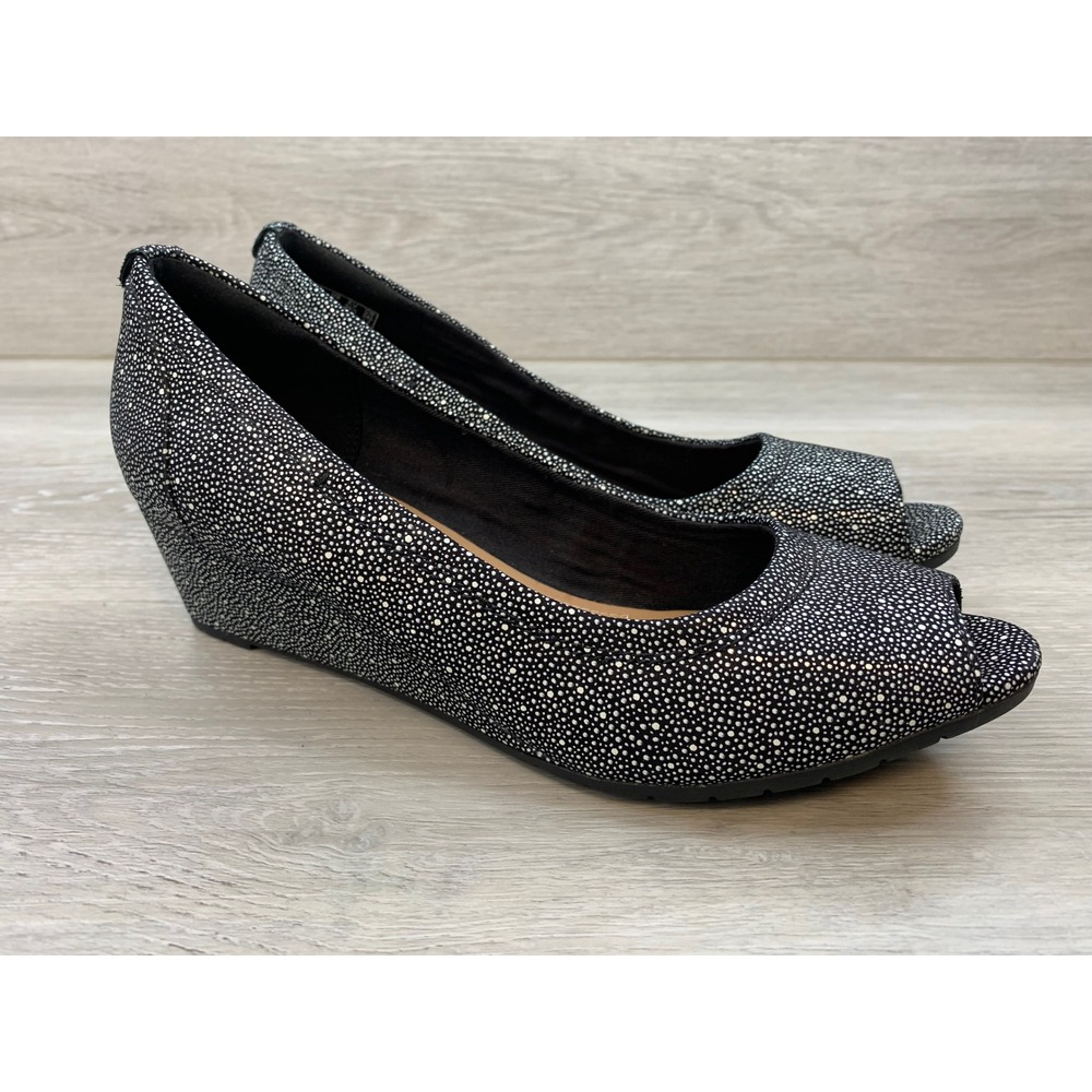 Clarks Artisan Women's Black White Nubuck Peep Toe 8.5 Wedge Comfort Shoes
